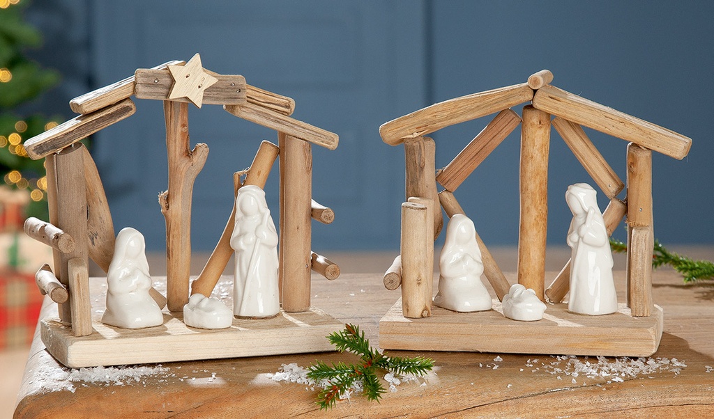 Stal hout met H Familie/wit - 15x15x8cm - ass