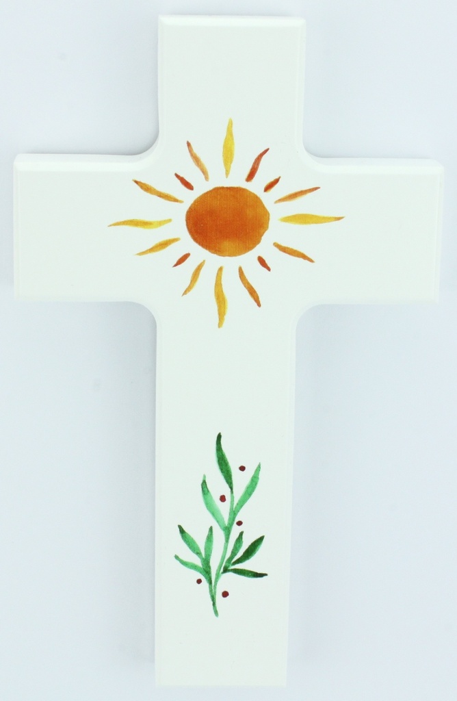 Croix en bois/blanche - Soleil/herbe (90x150mm)