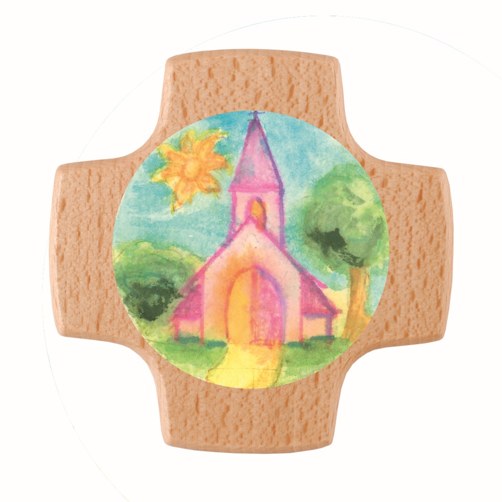 Croix murale en bois - Soleil/Eglise (85x85mm)