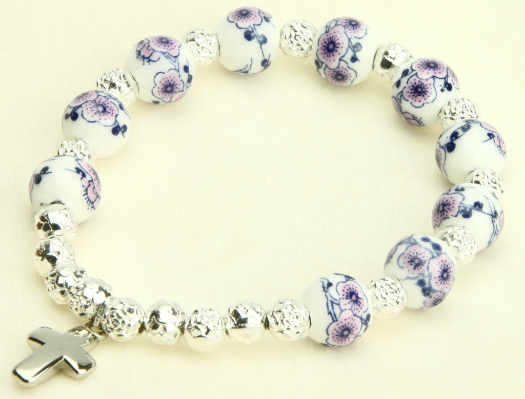 Armband/tientje/elastisch - porcelein/assorti - 10mm/kruisje