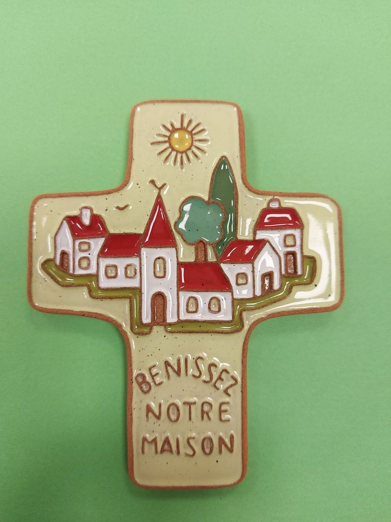 Croix  céramique - 'Bénissez notre...' - verte (95x120mm)
