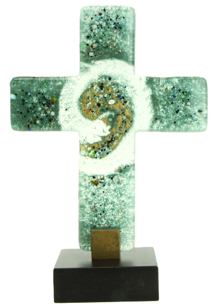 Croix en verre/verte - soccle en bois (10x12cm)