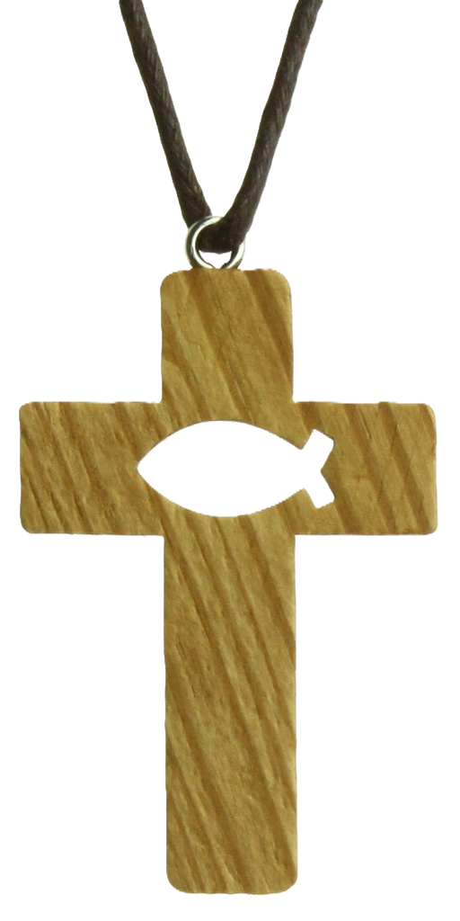 Croix sur cordon/Ichtus découpée - bois d'olivier (34x50mm)