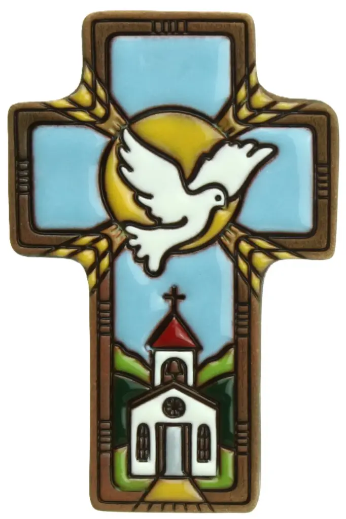 Kruisbeeld 'Duif/kerk/aren' - keramiek/blauw (7x11cm)