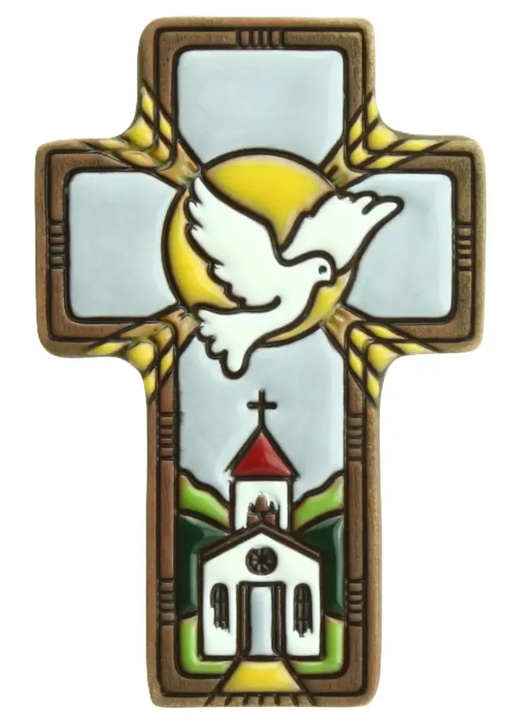 Kruisbeeld 'Duif/kerk/aren' - keramiek/grijs (7x11cm)
