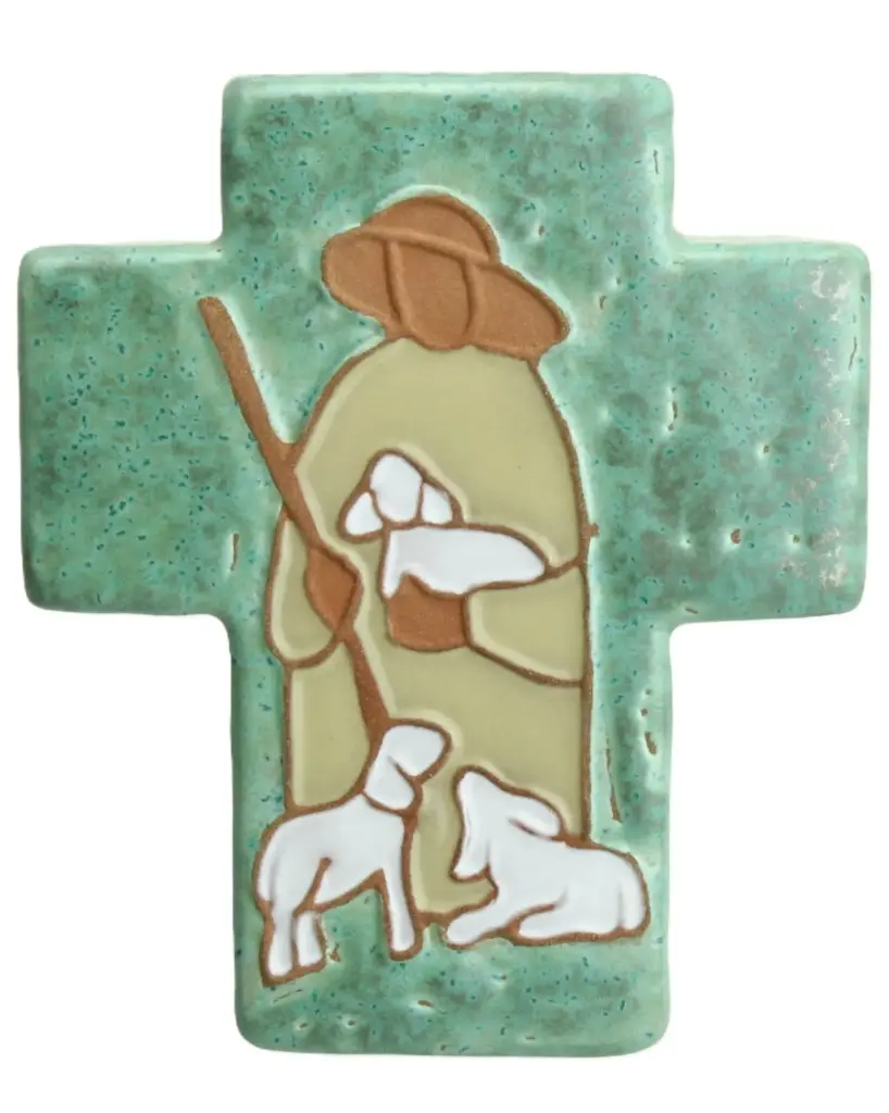 Kruisbeeld keramiek - Goede Herder - Jade groen (90x110mm)