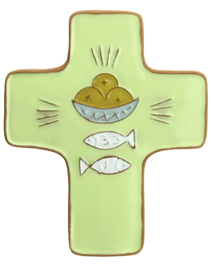 Ceramic cross - Bread & Fish - green-yellow (95x120mm)