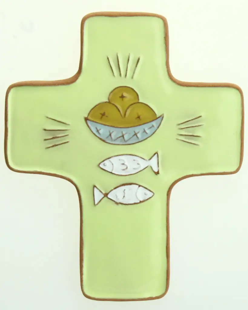 Croix  céramique - Pain & poissons - vert (95x120mm)