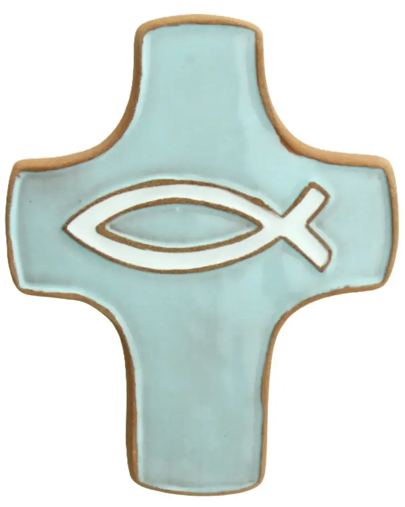 Croix  céramique - Ichtus - bleu claire/blanche (75x90mm)