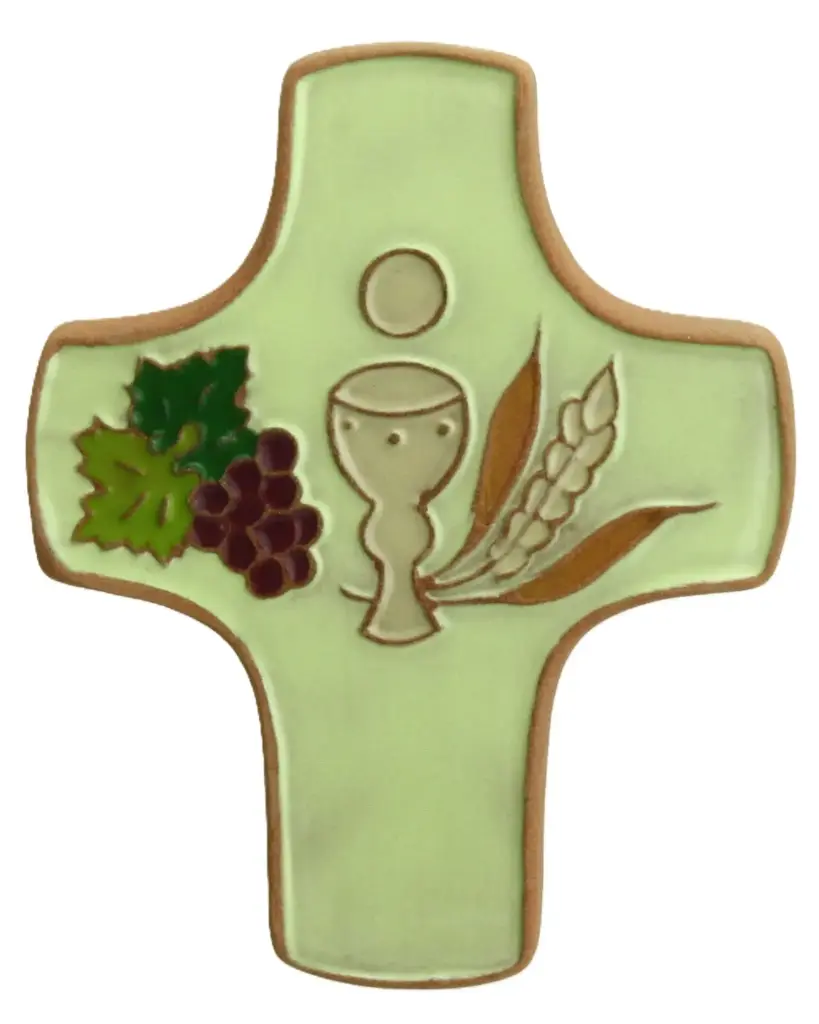 Croix  céramique - Calice & 3 symboles- vert (75x90mm)