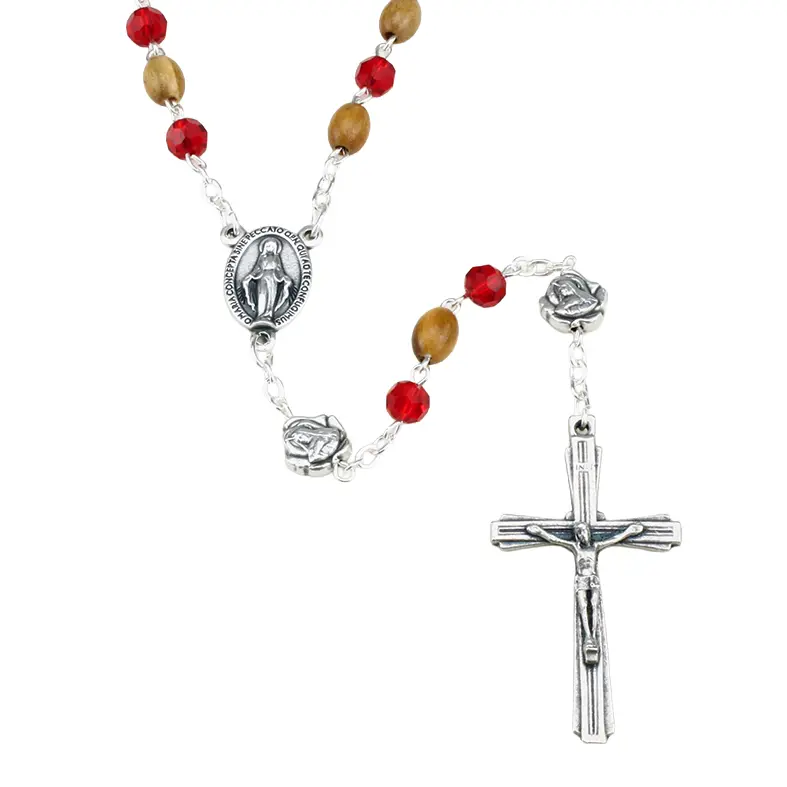 Rosary - pearl glass red/olive wood - OF=rose (⌀6mm)