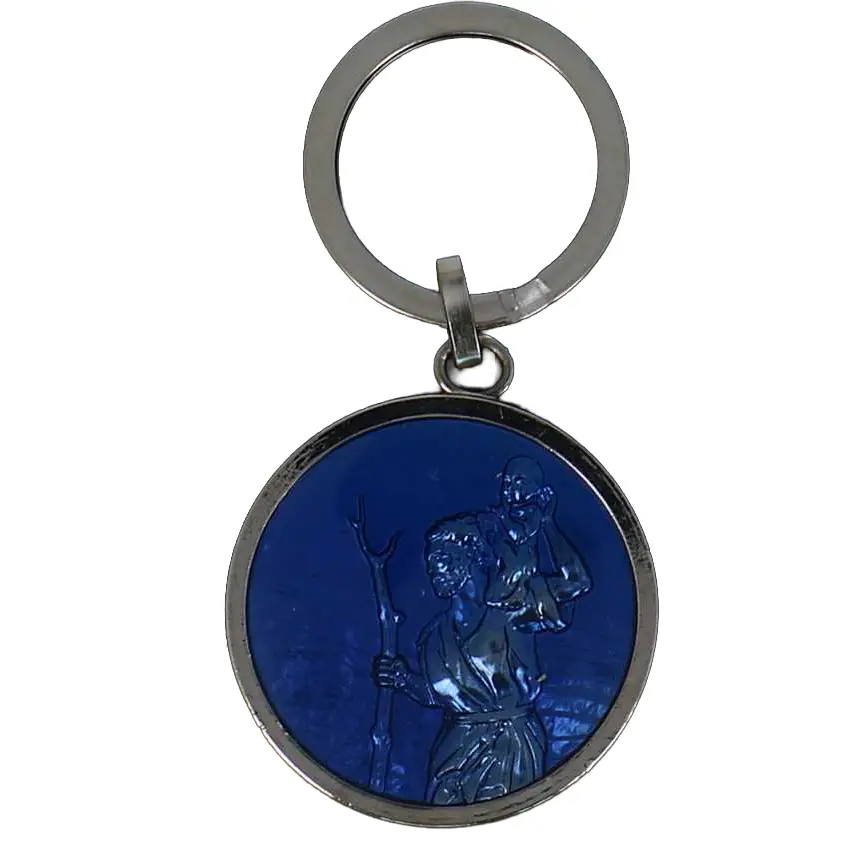 Sleutelhanger St Kristoffel - metaal/blauw email (80x40mm)