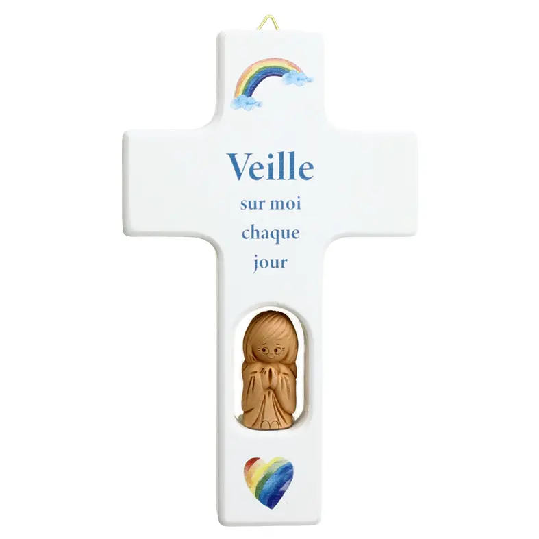 Croix bois/ange  'Veille sur moi ...' - blanche (90x150mm)