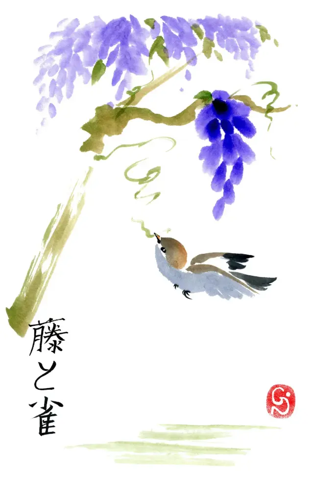 Carte double série 'Japonaise' - Glycine et moineau 021 - 10x15cm + envel.