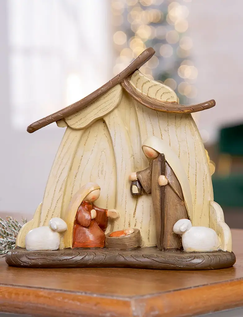 Cabane avec Ste Famille+2moutons - résine (17,5x16,5cm)