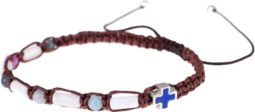 [ARM-72BD012] Armband/tientje op koord - parelmoer/turquoise