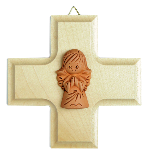 [MKR-01ENG8990] Holzkreuz mit Tonengel (100x100mm)