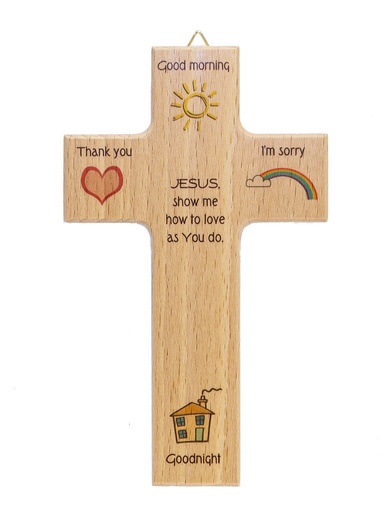 [MKR-01TEN004K] Kinderkruis 4 symbolen 'Good morning' - hout (90x150mm)