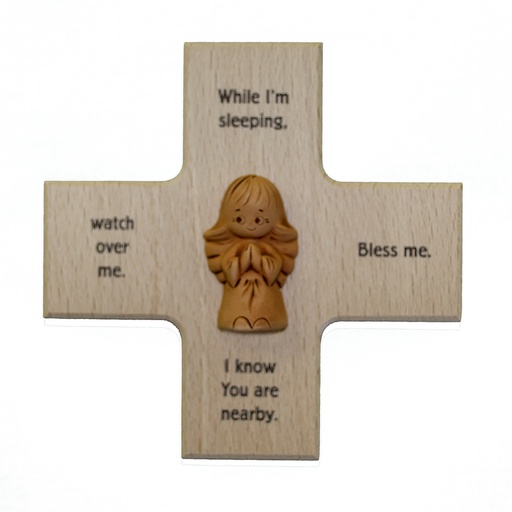 [MKR-01TEN100E] Kinderkruis terra-cotta engel 'While I'm sleeping' - hout (120x120mm)