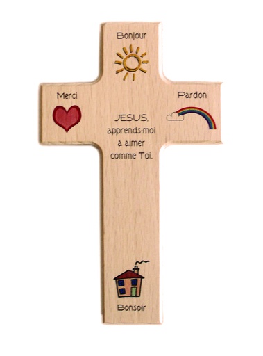 [MKR-01TFR004K] Kinderkruis 4 symbolen 'Bonjour' - hout (90x150mm)