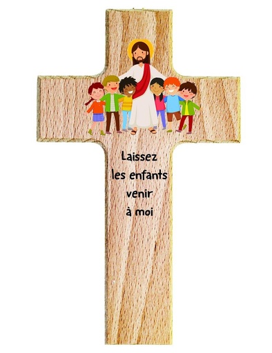 [MKR-01TFR015K] Croix enfant bois - 'Laissez les enfants venir … moi' (90x150mm)