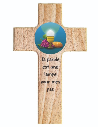 [MKR-01TFR016K] Croix enfant bois - 'Ta parole éclaire mes pas' (90x150mm)