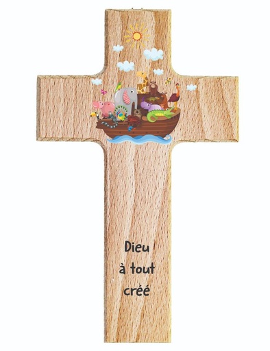 [MKR-01TFR018K] Croix enfant bois - 'Dieu a tout créé (90x150mm)