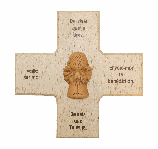 [MKR-01TFR100E] Croix avec ange en terre cuite 'Pendant que je dors' - bois (120x120mm)