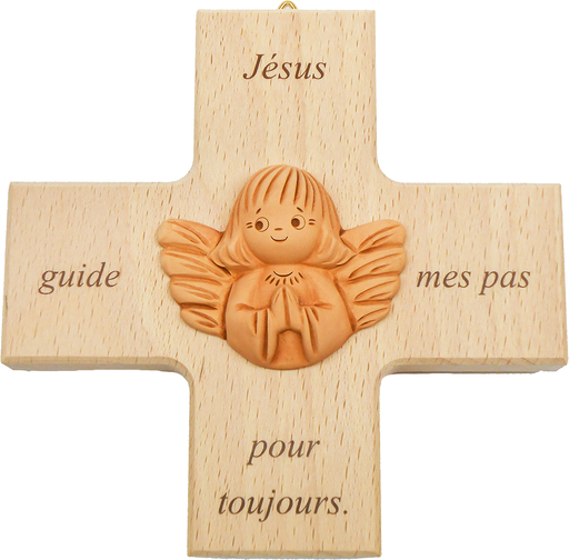 [MKR-01TFR105] Croix avec ange tc 'Jésus guide mes pas' - bois (120x120mm)