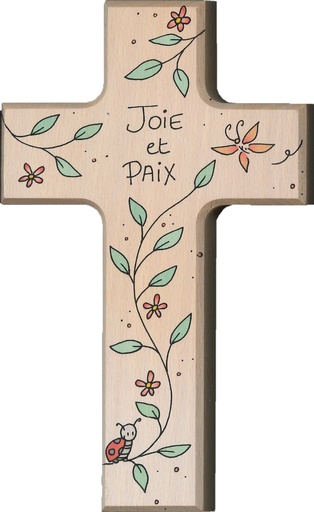 [MKR-01TFR604] Croix murale fleuri 'Joie et Paix' - bois (90x150mm)