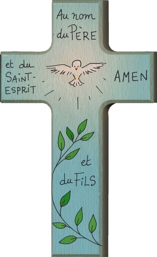 [MKR-01TFR606] Kinderkruis Heilige Geest 'Au nom du Père' - hout (90x150mm)