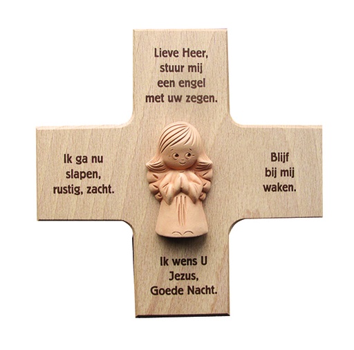 [MKR-01TNL100E] Croix enfant/ange en terre cuite 'Lieve Heer' - bois (120x120mm)