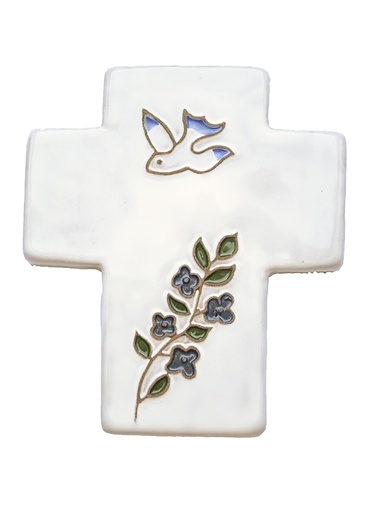 [MKR-02DFL1A] Cross ceramic - Pigeon & flower - white (95x105mm)