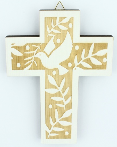 [MKR-07COL18] Croix murale bois - colombe avec palmier (130x180mm)