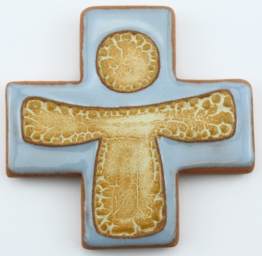 [MKR-13F170D] Keramik Kreuz - Kind - Gelbbraun/Weiss (75x75mm)