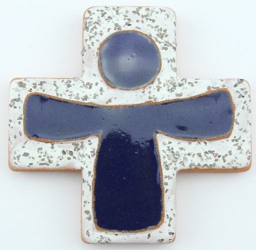 [MKR-13F170E] Croix céramique - Enfant - blanc moucheté/Bleu (75x75mm)