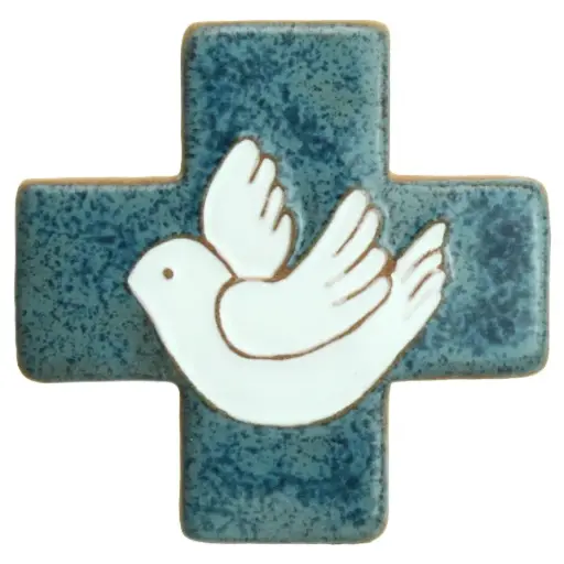 [MKR-13F171C] Keramik Kreuz - Taube - Graublau/Weiss (75x75mm)