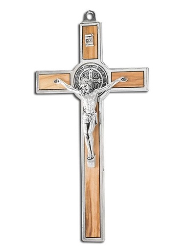 [MKR-35BEN12OL] Kruisbeeld Benedictus/metaal - olijfhout (70x125mm)