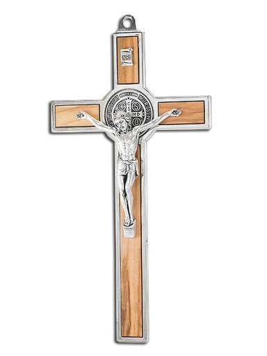 [MKR-35BEN20OL] Kruisbeeld Benedictus/metaal - olijfhout (100x185mm)