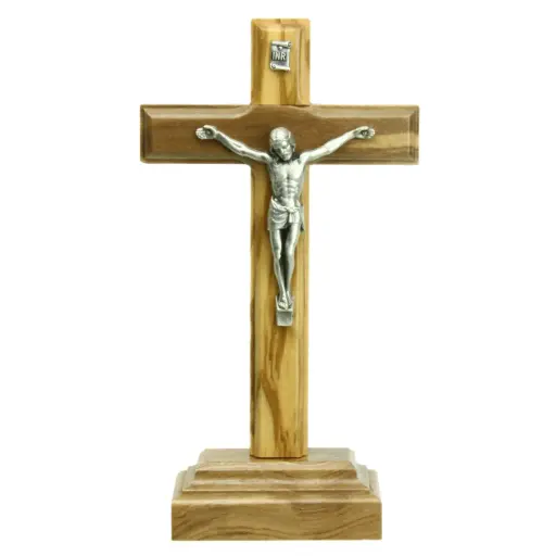 [MKR-35OLV4121] Croix sur pied/bois d'olivier - christ/métal (75x140mm)