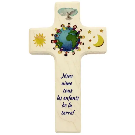 [MKR-41TFR466] Croix enfant bois - 'Jésus aime tous'  (90x150mm)