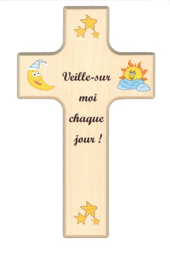 [MKR-41TFR477] Kinderkruis hout - 'Veille sur moi' (90x150mm)