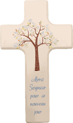 [MKR-41TFR540BL] Kinderkreuz Holz weiss lakiert - 'Merci Seigneur ...'/Blau (90x150mm)