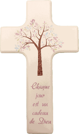 [MKR-41TFR540RS] Kinderkruis hout/wit - 'Chaque jour ...'/roos (90x150mm)