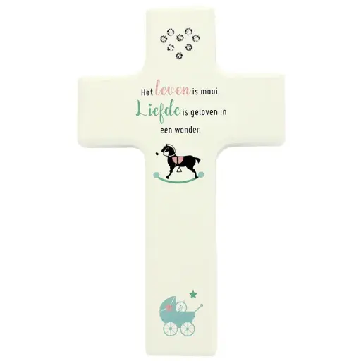 [MKR-41TNL520WT] Kinderkruis hout/wit swarovski - 'Het leven is mooi' (90x150mm)