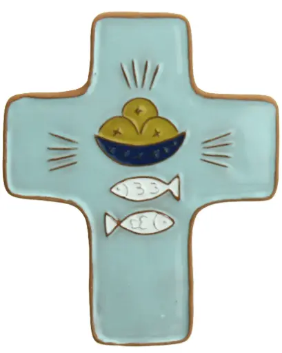 [MKR-58VG109B] Croix  céramique - Pain & poissons - bleu ciel (95x120mm)