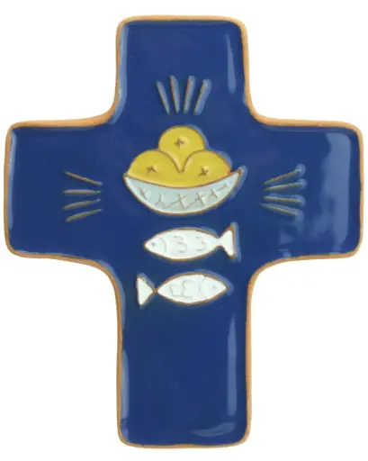 [MKR-58VG109C] Croix  céramique - Pain & poissons - bleu foncée (95x120mm)