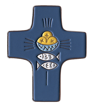 [MKR-58VG109C] Kruisbeeld keramiek - Brood & vissen - donkerblauw (95x120mm)