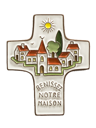 [MKR-58VG11A] Croix  céramique - 'Bénissez notre...' - blanche (95x120mm)