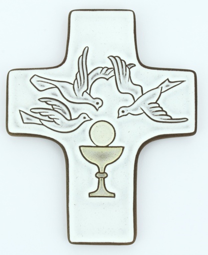 [MKR-58VG13A] Croix  céramique - Calice & 3 colombes - blanche (95x120mm)